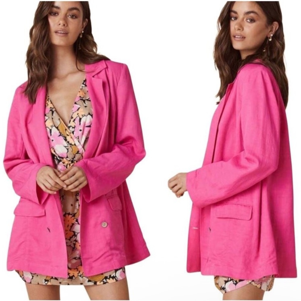 Spell Vacation Blazer Hibiscus Pink Linen Blend 80s Shoulder Pads Sz S (fits M)